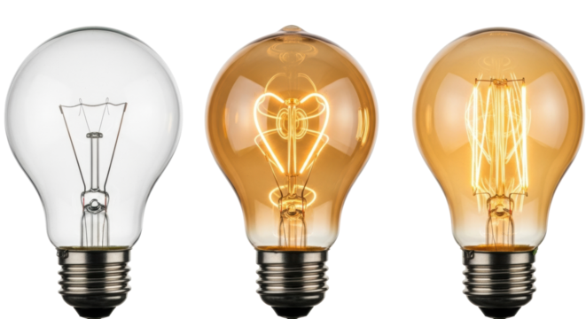 Three incandescent light bulbs, clear glass, detailed visible filaments, left unlit, central glowing amber with heart shape, on crisp white background, 3/4 view. Concept of invention and warm light
