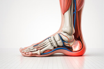 Highly Detailed 3D Medical Illustration of Human Foot Anatomy with Bones, Muscles, and Nerves, Realistic 3D Rendering of Foot Skeleton and Ankle Structure for Medical Education, Side View Medical 