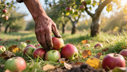 Farmer's hand picking freshly fallen apples from the grass in a sunny orchard during harvest season