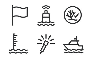 Fototapeta premium Visual symbols representing maritime navigation and safety in coastal waters with buoys, flags, and boats