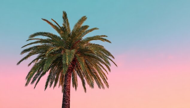 Single palm tree silhouetted against a pastel pink and blue sunset sky