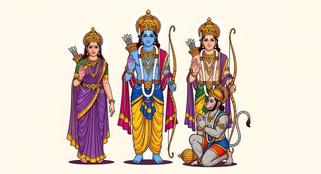 Illustration of Ram Darbar with Rama, Sita, Lakshmana, and Hanuman
