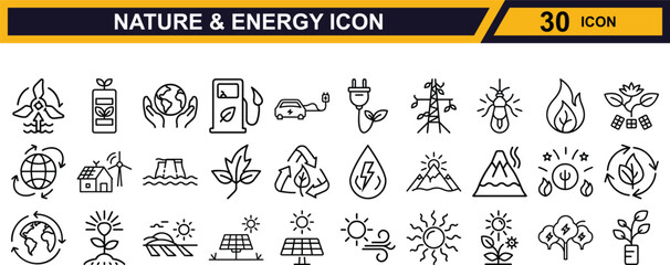 Vector art of collection of nature and energy icons isolated on white background