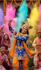 Fototapeta premium HD Mobile Wallpaper of Krishna Dancing in Holi Celebration – Krishna Janmashtami Vertical Illustration