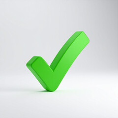Green check mark icon. Symbol of approval. 3D rendering, modern illustration. Light backdrop.