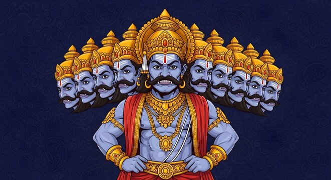 Illustration of Ravana, the ten-headed demon king for Dussehra festival