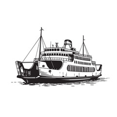Fototapeta premium Detailed hand drawn illustration of a classic ferry boat on water in black and white