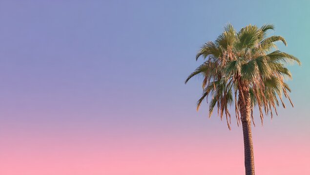 Single palm tree silhouetted against a pastel pink and purple sunset sky.  The sky gradients smoothly from pink to purple to blue
