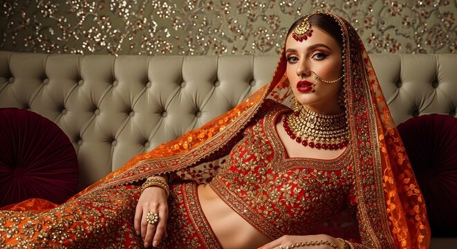 Beautiful Indian bride in traditional wedding lehenga and jewelry