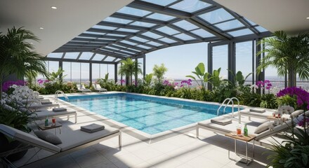 Fototapeta premium Luxury rooftop pool with glass canopy, surrounded by tropical landscaping and lounge seating.