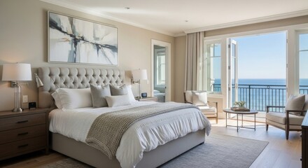 Fototapeta premium Luxurious bedroom retreat with ocean views and tranquil seaside ambiance