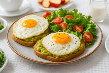 Breakfast plate with sunny side up eggs on avocado toast served with lettuce and cherry tomato salad on a white table, Concept of healthy eating, morning nutrition and wellness lifestyle
