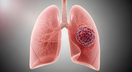 3D render of human lungs with a cancer tumor, representing lung disease and oncology