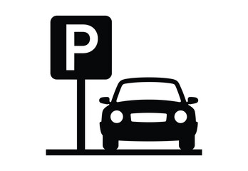 Vector art of a parking sign with a car isolated on white background, indicating designated parking area, ensuring organized traffic flow and convenient access for drivers in urban environments