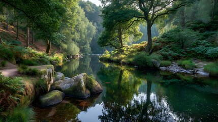 Serene river reflecting a lush forest.