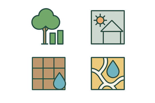 Understanding environmental sustainability concepts through visual representation of trees, water, and land use practices during daytime