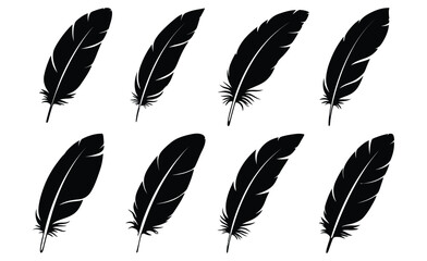 Vector art of collection of eight black feather silhouettes isolated on white background, offering a versatile set of avianinspired designs for artistic and decorative purposes