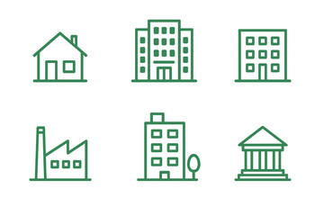 Outline illustrations of various building types including houses, apartments, factories, and office spaces in a clean design