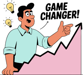 A cartoon man pointing to a rising graph with light bulbs and the words game changer next to him here now