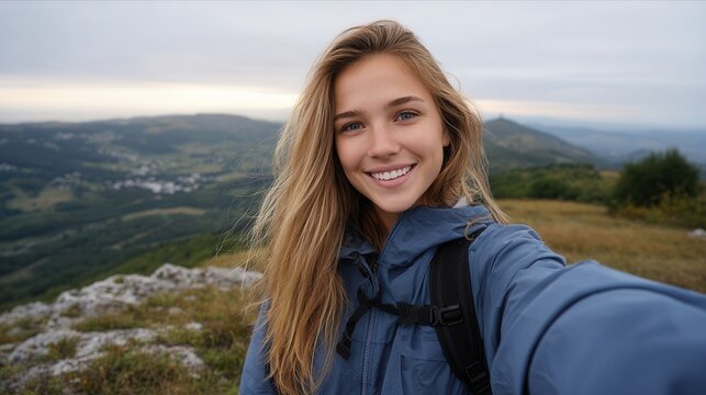 A young woman with long hair smiles while taking a selfie outdoors. The scenic landscape features rolling hills and a cloudy sky, creating a serene atmosphere. - Powered by Adobe