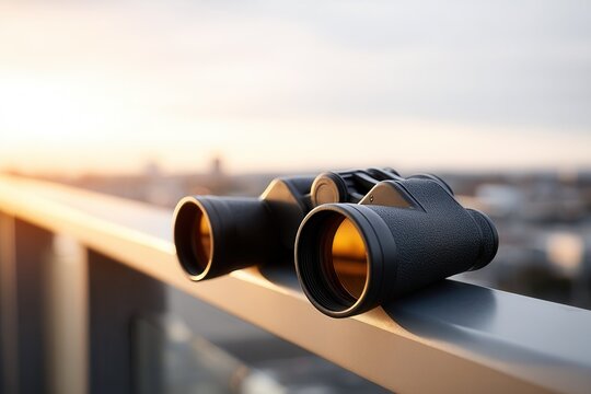 Close-up of binoculars resting on a railing, capturing a serene sunset view. Ideal for outdoor, travel, or adventure themes.