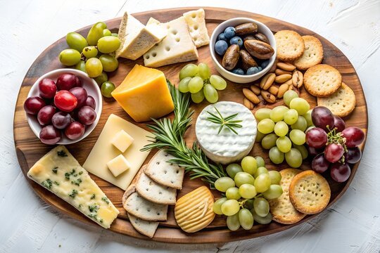 A delicious cheese and fruit platter with grapes, berries, nuts, crackers, and rosemary, isolated on white background