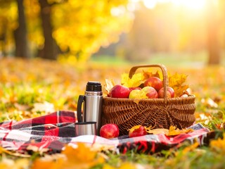 Autumn Picnic with Apples and Plaid Blanket