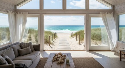 Interior view of a beach house with a large window overlooking a sandy path leading to the ocean, with a sofa and table in the foreground.