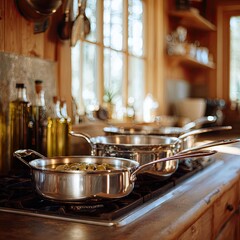 Three stainless steel pots sit on a gas stove in a rustic wooden kitchen, bathed in warm sunlight streaming through a window; oil bottles and kitchen utensils are visible