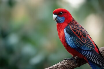 Fototapeta premium A vibrant bird with red and blue plumage perched on a branch, surrounded by a blurred green background. Ideal for nature and wildlife themes.