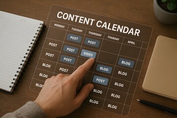 Content Calendar on a desk with a hand pointing to the video tab. 