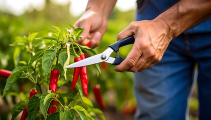 Hands harvesting red chili peppers