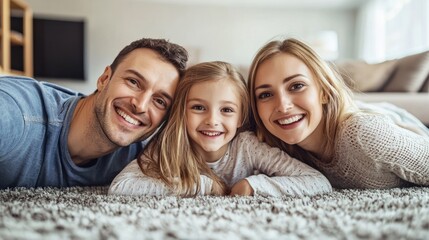 A happy family lying on a carpet in a cozy living room.