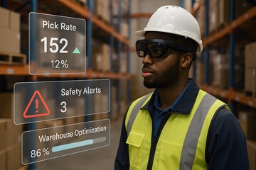 Warehouse worker using augmented reality glasses to monitor and manage operations. 