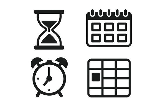 Icons representing time management tools including an hourglass, calendar, alarm clock, and planner for effective scheduling and organization