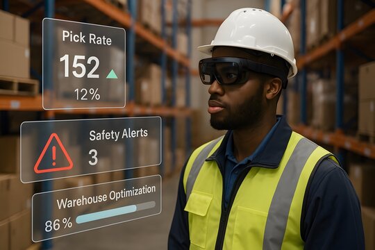 Warehouse worker using augmented reality glasses to monitor and manage operations. 