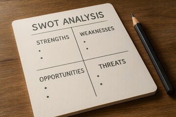 SWOT analysis on a notepad with a pencil laid on wooden table. 
