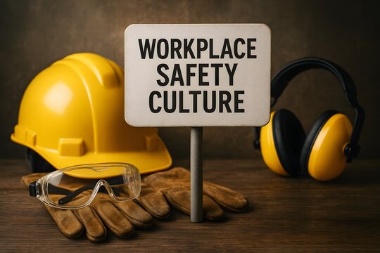 An image emphasizing workplace safety culture, with essential safety equipment. 