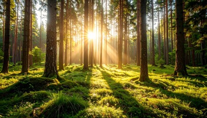 Obraz premium Atmospheric Landscape with Sun Rays Shining Through Tall Trees in Forest
