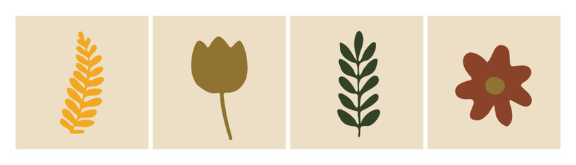 Conjunto floral abstracto dibujado a mano. Paquete vectorial botánico minimalista.