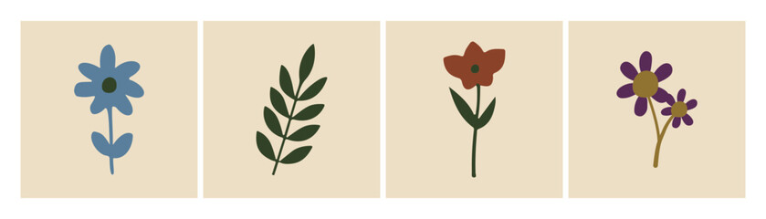 Ilustraciones de plantas orgánicas simples. Conjunto de cuatro diseños abstractos.
