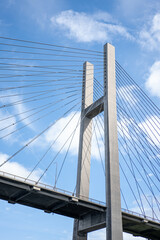 Obraz premium View of a modern cable-stayed bridge against a clear blue sky showcasing engineering and design at its finest