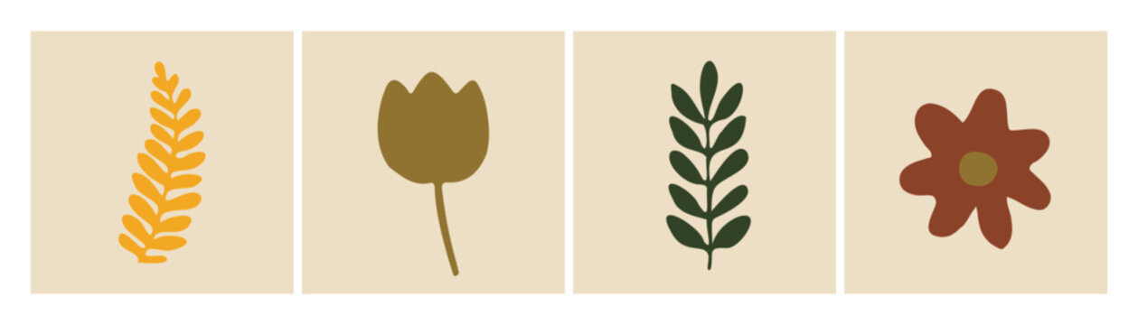 Conjunto floral abstracto dibujado a mano. Paquete vectorial bot&aacute;nico minimalista.