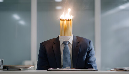 businessman beaming at desk. head is a burnt match head Conceptual photo illustrating burnout syndrome at work