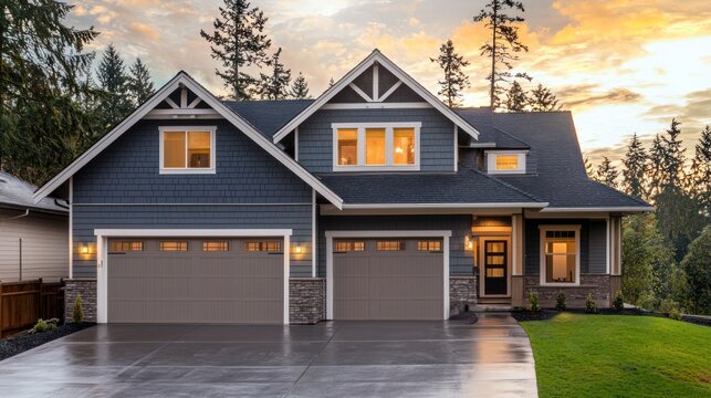 A two-story house with a dark blue exterior and a green roof, surrounded by a lush green lawn and trees, with a warm sunset sky in the background.
