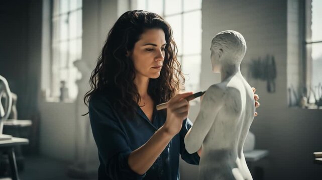 Sculptor Working on a Marble Statue in a Bright Studio