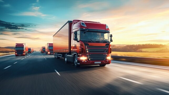 Three red trucks driving on a highway at sunset. - Powered by Adobe