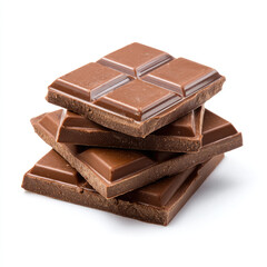 Milk chocolate bar pieces stacked on white background