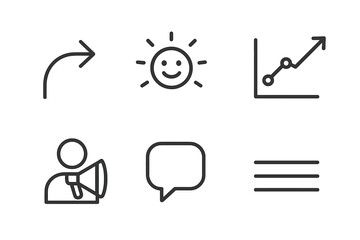 Collection of simple icons representing communication, data analysis, and positive growth in a business context