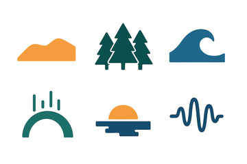 Nature-inspired illustrations depicting landscapes, trees, waves, and a sunset, perfect for creative projects and design use